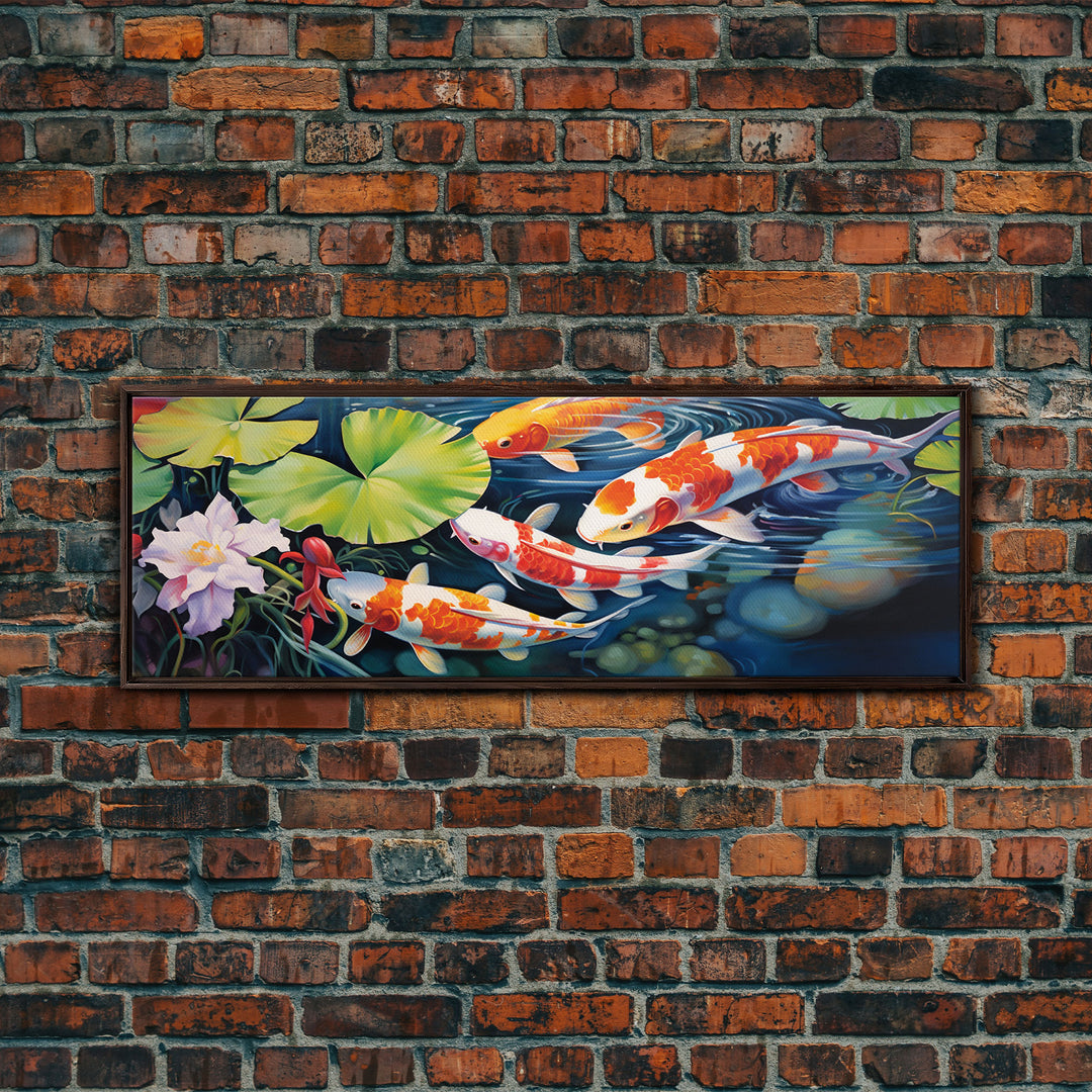 The Koi Pond Framed Canvas Print, Koi Fish Decor, Koi Fish Garden Wall Art, Koi Fish and Lilly Pads