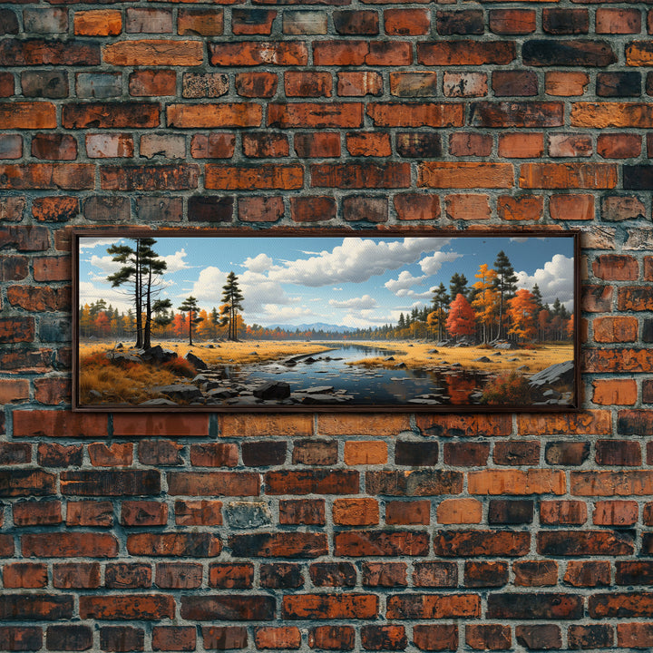 Panoramic Autumn Landscape Painting Framed Canvas Print, Large Wall Art, Fall Centerpiece, Above Fireplace Living Room Art, Mantle Art