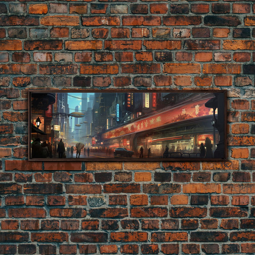 Futuristic Cyberpunk City, Framed Canvas Print, Dystopian Art, Metropolis Painting, Unique Office Decor