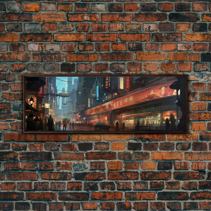 Futuristic Cyberpunk City, Framed Canvas Print, Dystopian Art, Metropolis Painting, Unique Office Decor