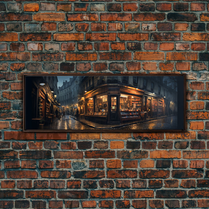 The Book Shop in Paris, Framed Canvas Print, Paris On A Rainy Night, Living Room Decor, Victorian Oil Painting