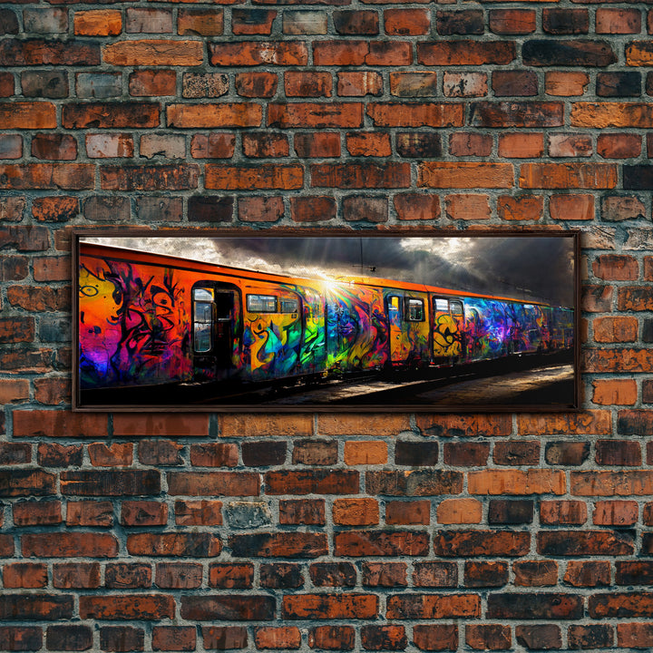 Graffiti Covered Train, Colorful Graffiti Art, Extra Large Wall Art, Framed Panoramic Canvas Print, Framed Wall Decor | Wall Art