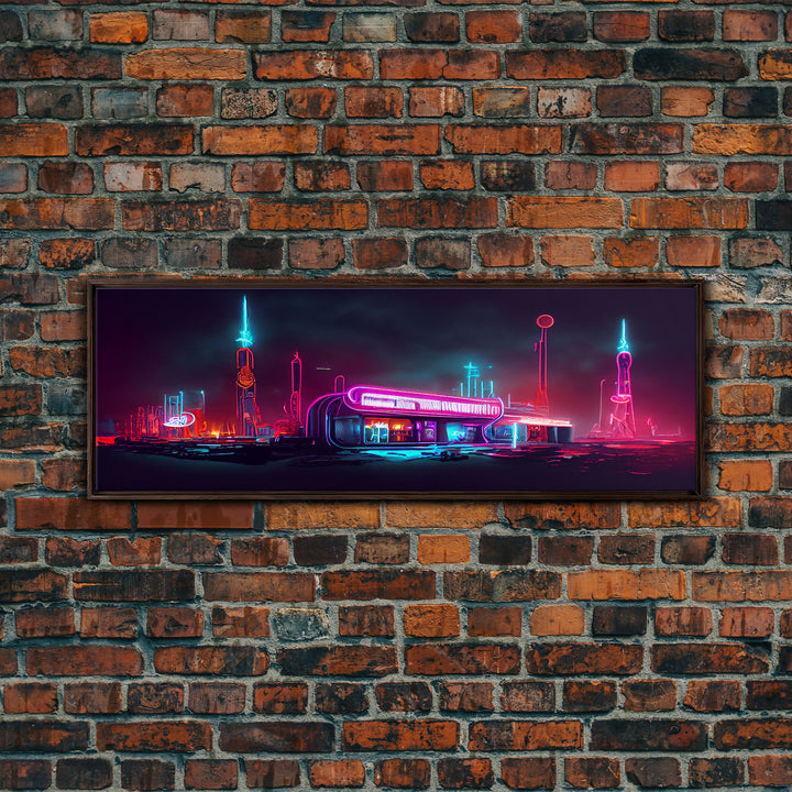 Neon Cyberpunk Atomic Age Diner, Extra Large Wall Art, Framed Panoramic Canvas Print, Framed Wall Art