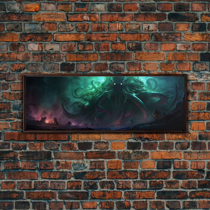 Rise Of Cthulhu Framed Canvas Print, Panoramic Call of Cthulhu H.P. Lovecraft Cosmic Horror Steampunk Gothic Darrk Art Wall Decor