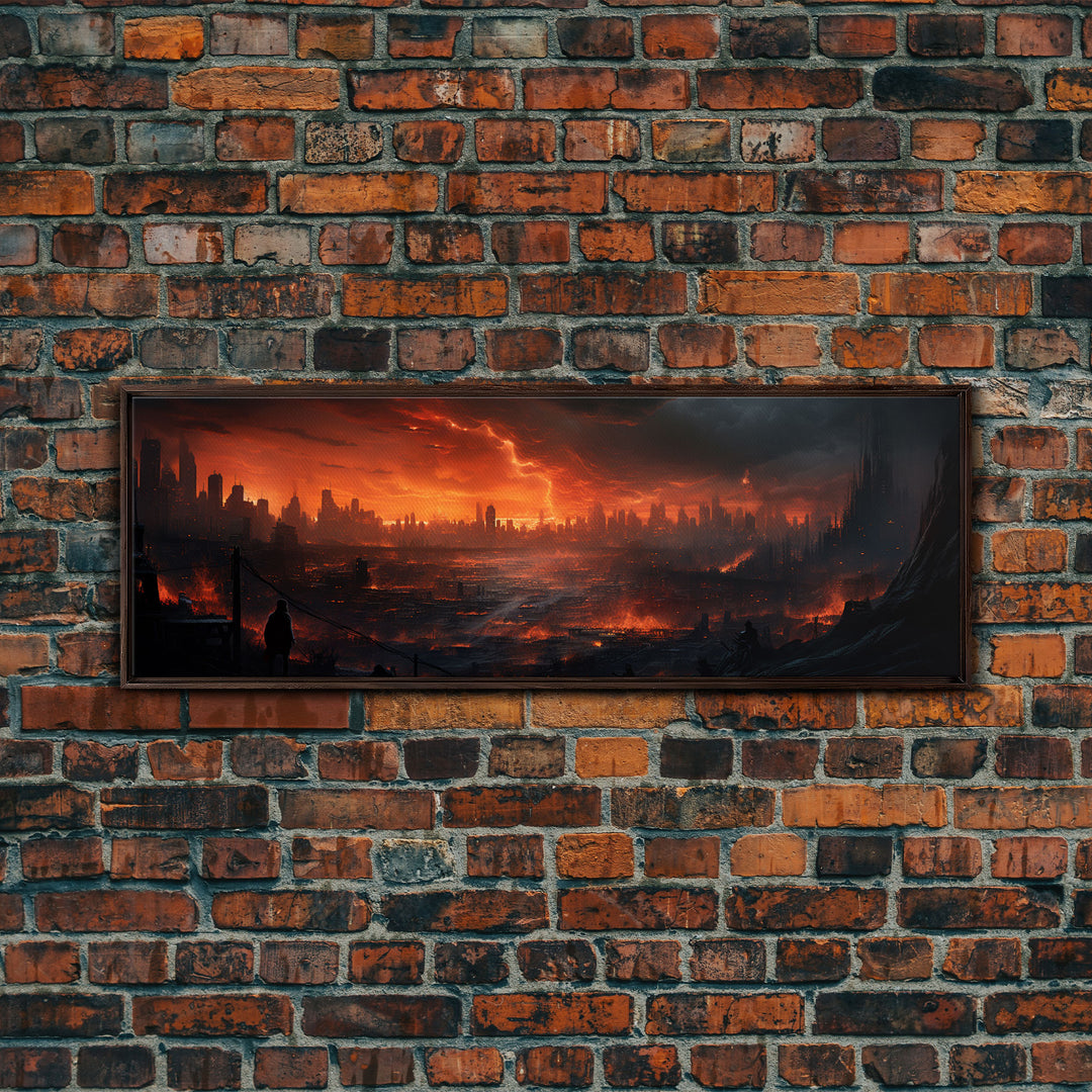 The Burning City Panoramic Canvas Print, Framed Halloween Art, Spooky Decor, Halloween Art, Halloween Wall Art, Halloween Art Print