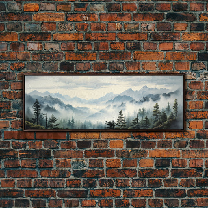 Foggy Mountain Forest Canvas Print, Oil Landscape Painting On Canvas - Ready To Hang Large Panoramic Canvas Wall Art Prints, Framed Wall Art