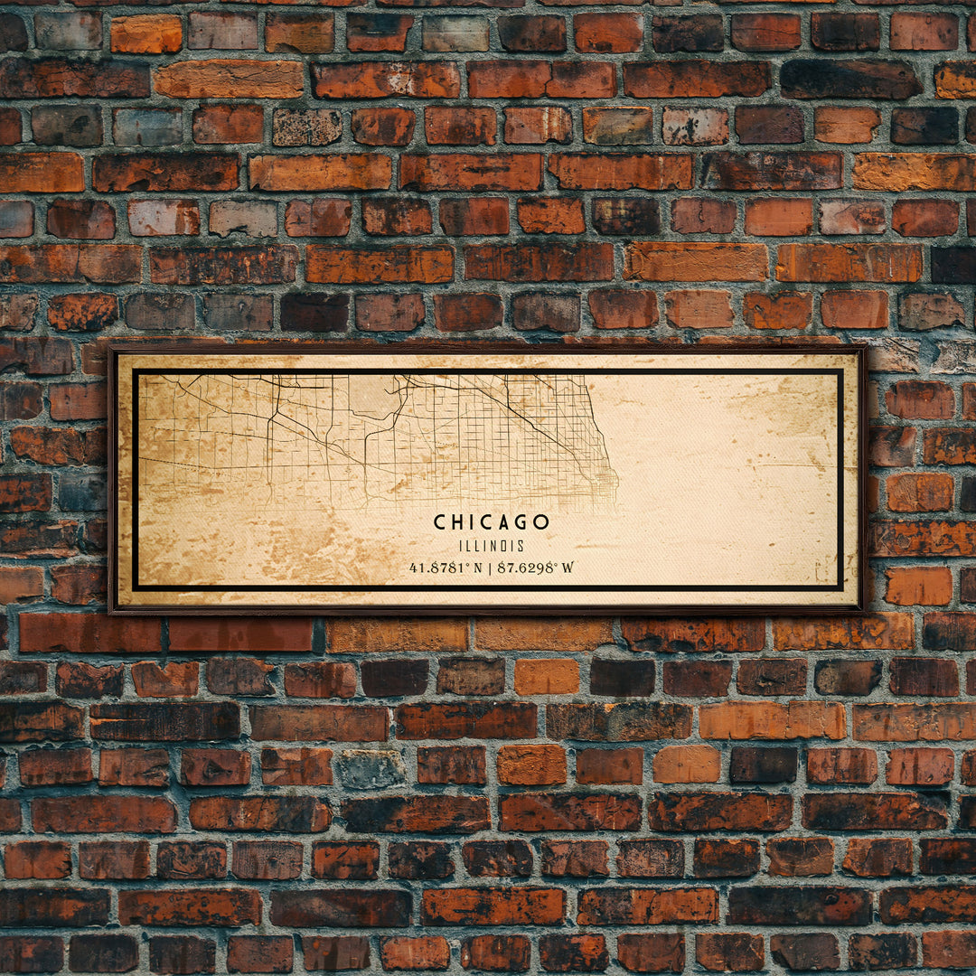 Distressed Panoramic Chicago map print poster or framed canvas, Illinois road map print poster canvas, Chicago city map print poster canvas