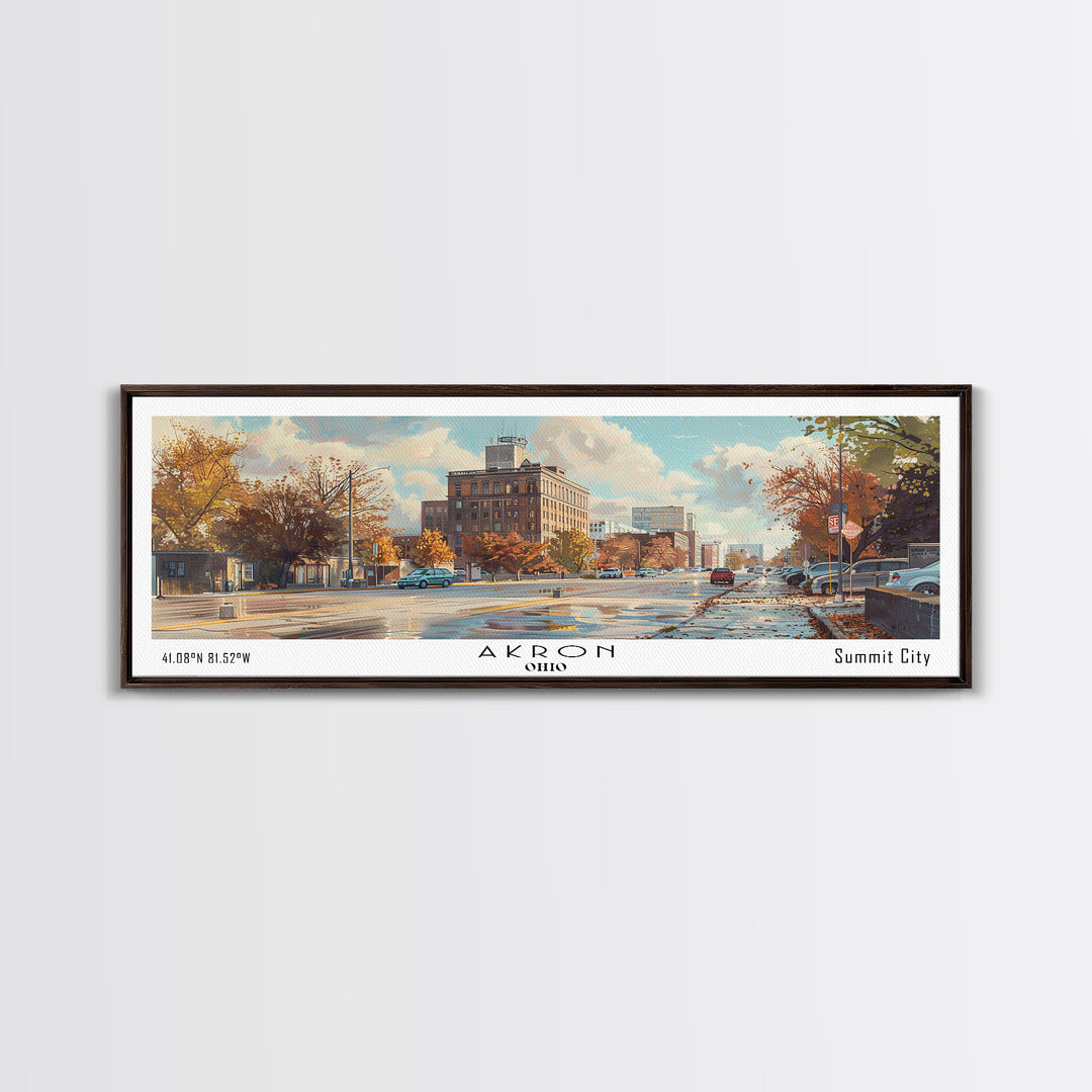 Akron Ohio Panoramic Watercolor Painting, Framed Canvas Print, Scenic City Art, Travel Poster, Wall Decor, Living Room Art, Office Wall Art