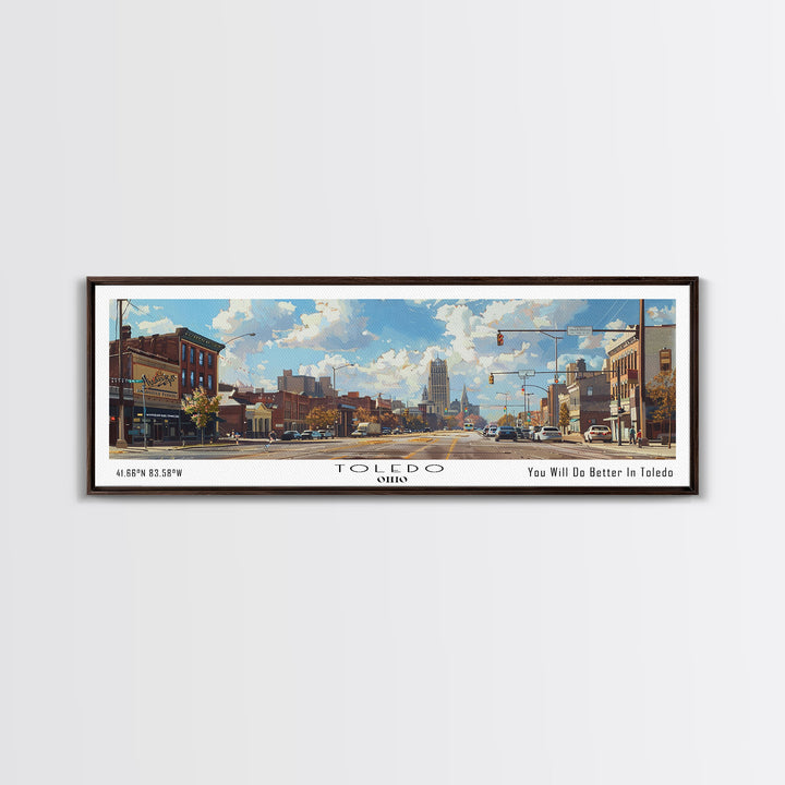 Toledo Ohio Panoramic Framed Canvas Print, Retro Style Wall Art, Living Room Decor, Unique Travel Poster, Artistic Office Gift, Original Artwork