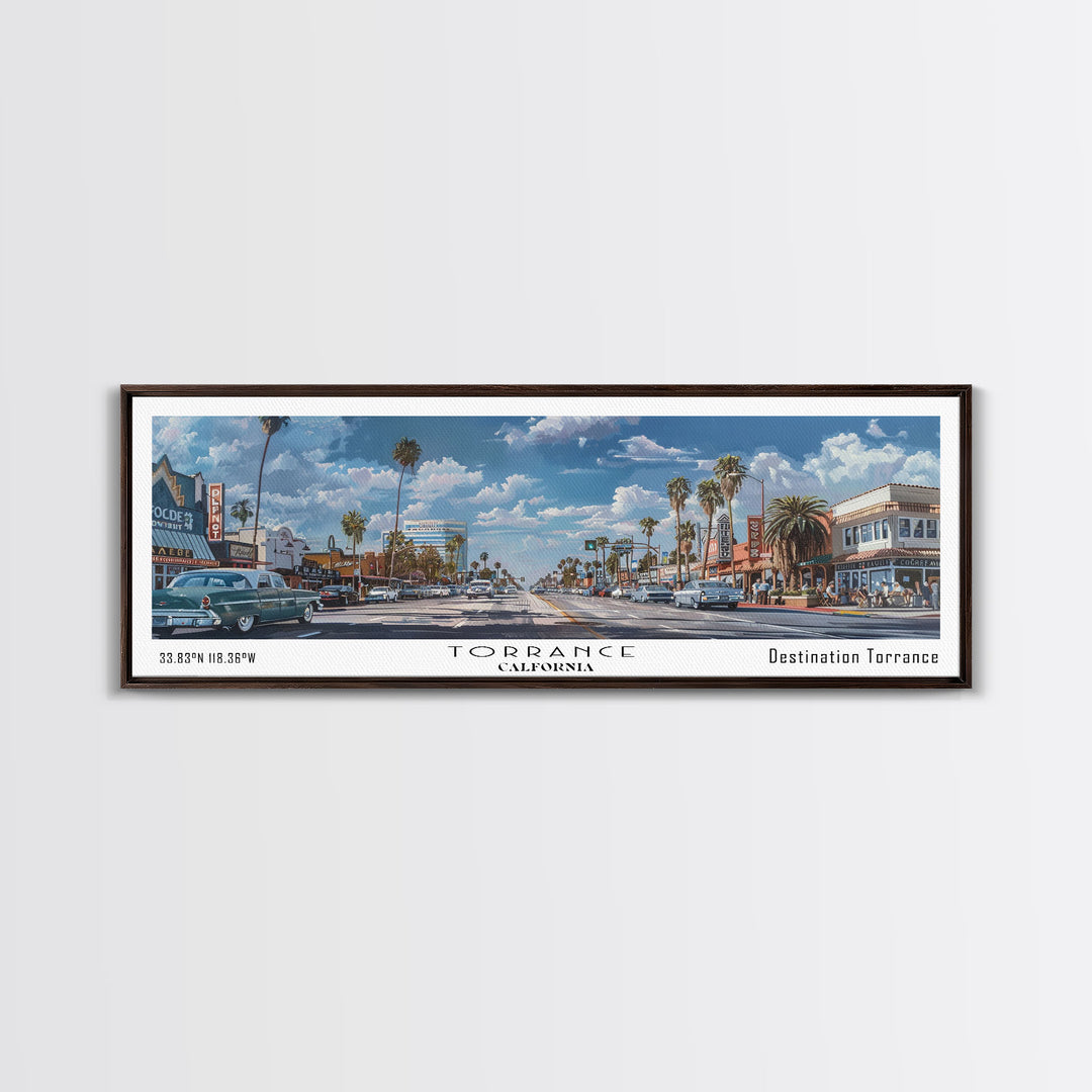 Torrance California Panoramic Framed Canvas Print, Artistic Travel Poster, Retro Wall Art, Unique Living Room Decor, Office Gift, Original Artwork