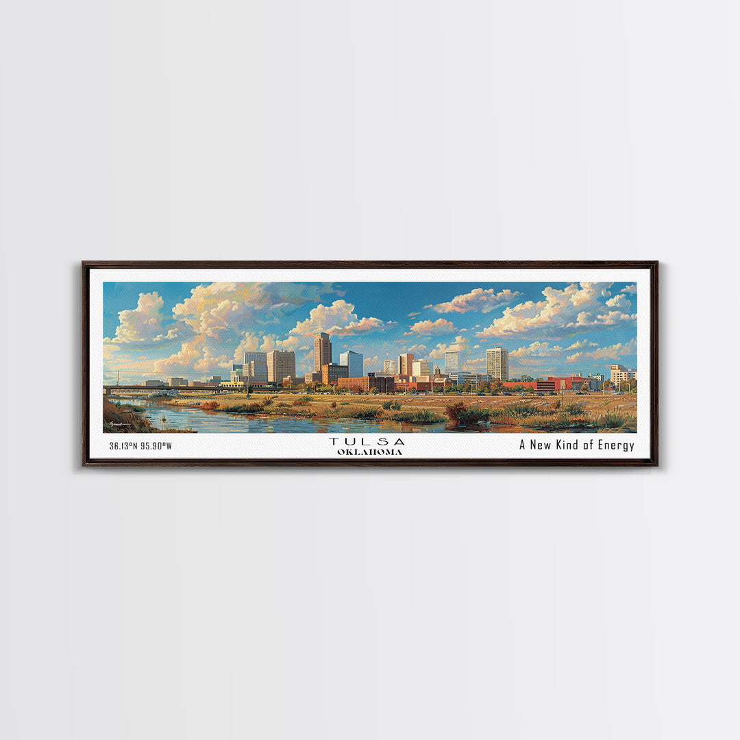 Tulsa Oklahoma Panoramic Framed Canvas Print, Retro Wall Art, Travel Poster, Artistic Living Room Decor, Unique Office Gift, Original Artwork