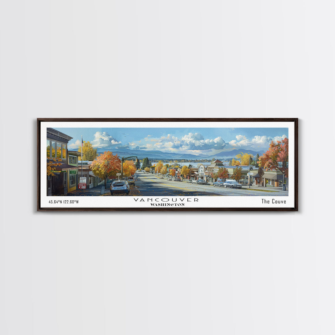 Vancouver Washington Panoramic Painting, Framed Canvas Print, Vintage Travel Poster, Artistic Wall Art, Unique Office Decor, Living Room Gift