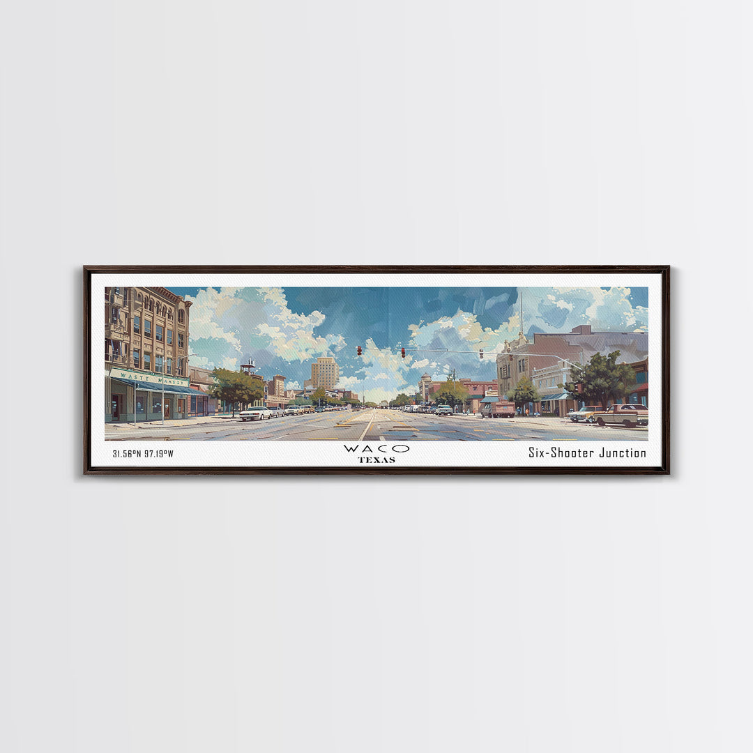 Waco Texas Panoramic Wall Art, Framed Canvas Print, Vintage Style Travel Poster, Artistic Home Decor, Unique Office Piece, Gift Idea