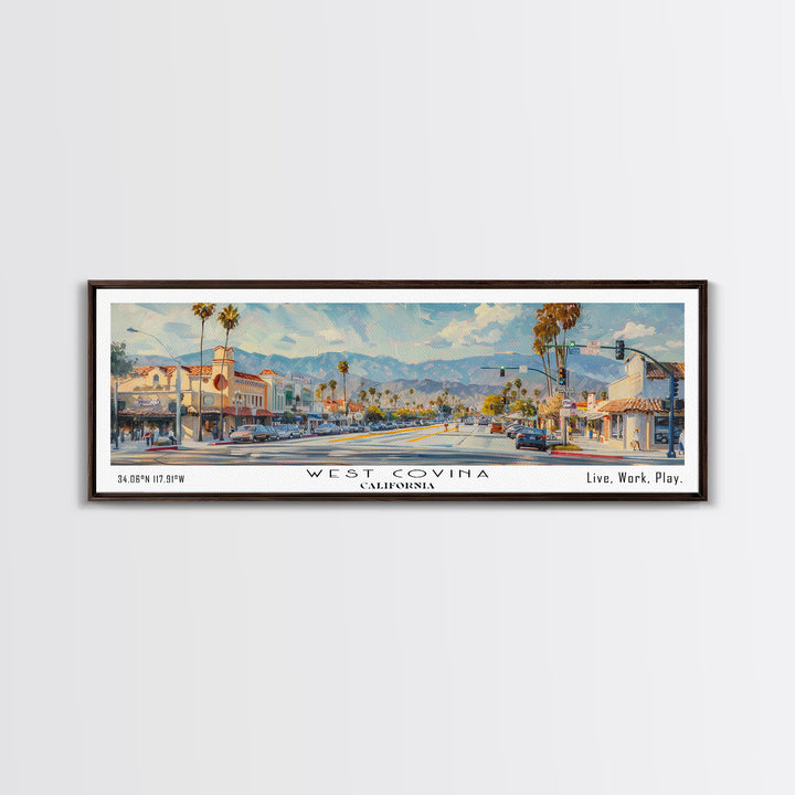 West Covina California Panoramic Framed Canvas Print, Retro Travel Poster, Unique Wall Art, Artistic Living Room Decor, Office Gift, Original Artwork