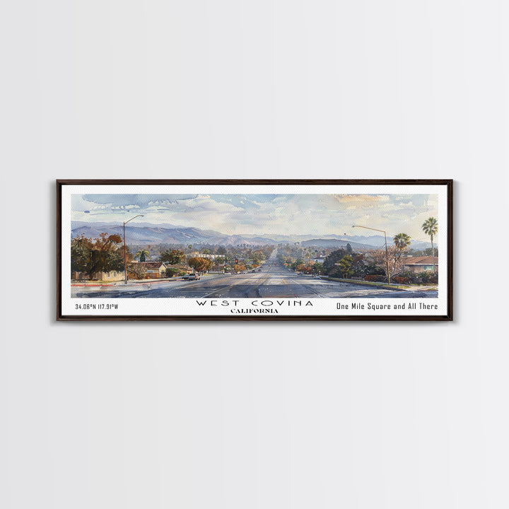 West Covina California Panoramic Painting, Framed Canvas Print, Vintage Travel Poster, Artistic Home Decor, Unique Office Wall Art