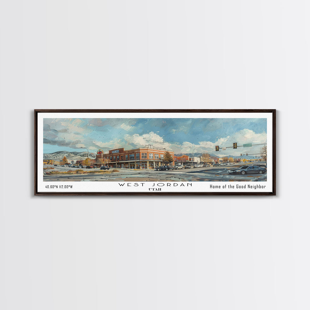 West Jordan Utah Panoramic Framed Canvas Print, Artistic Travel Poster, Retro Wall Art, Unique Living Room Decor, Office Gift Idea