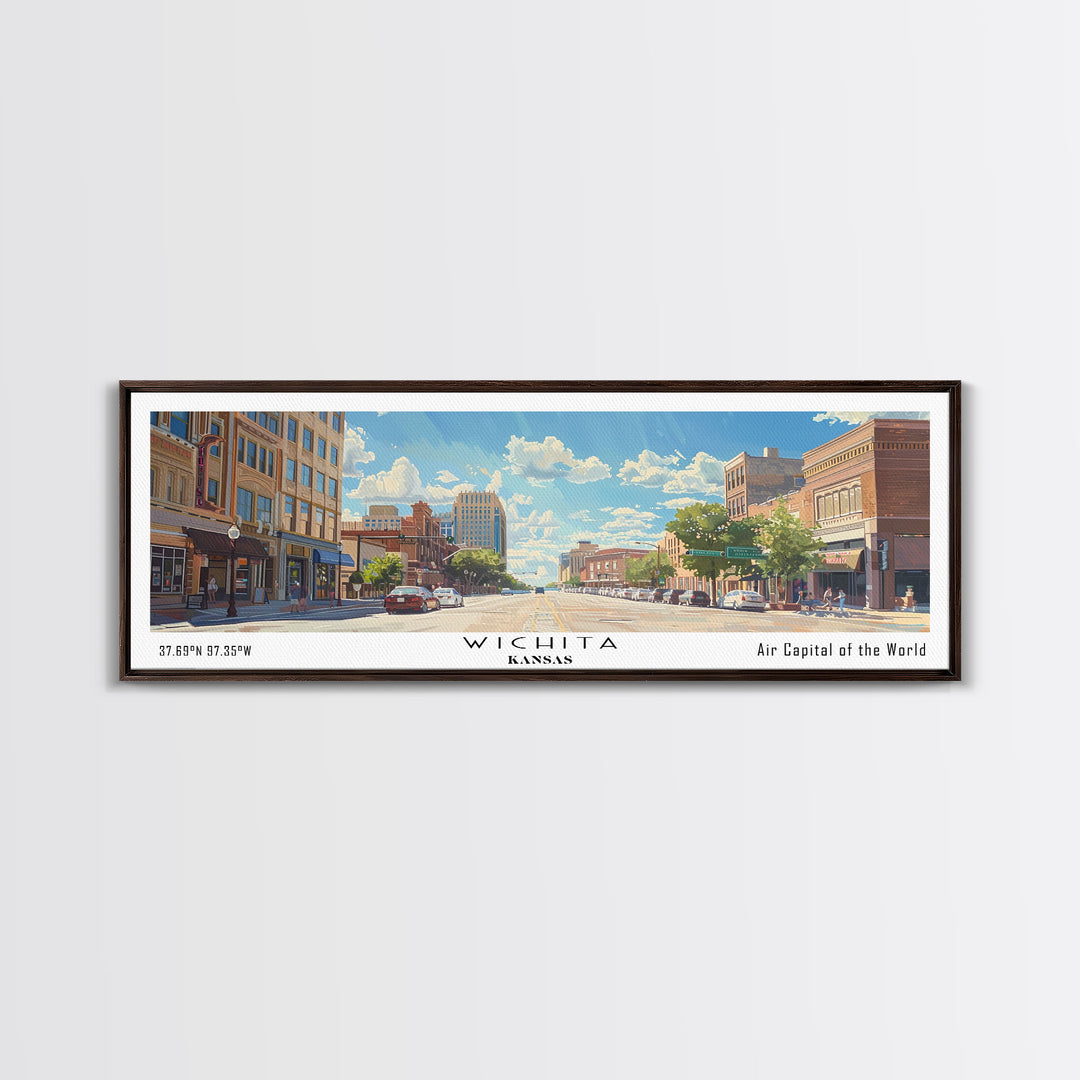 Wichita Kansas Panoramic Framed Canvas Print, Retro Travel Poster, Artistic Wall Art, Unique Living Room Decor, Office Gift, Original Artwork