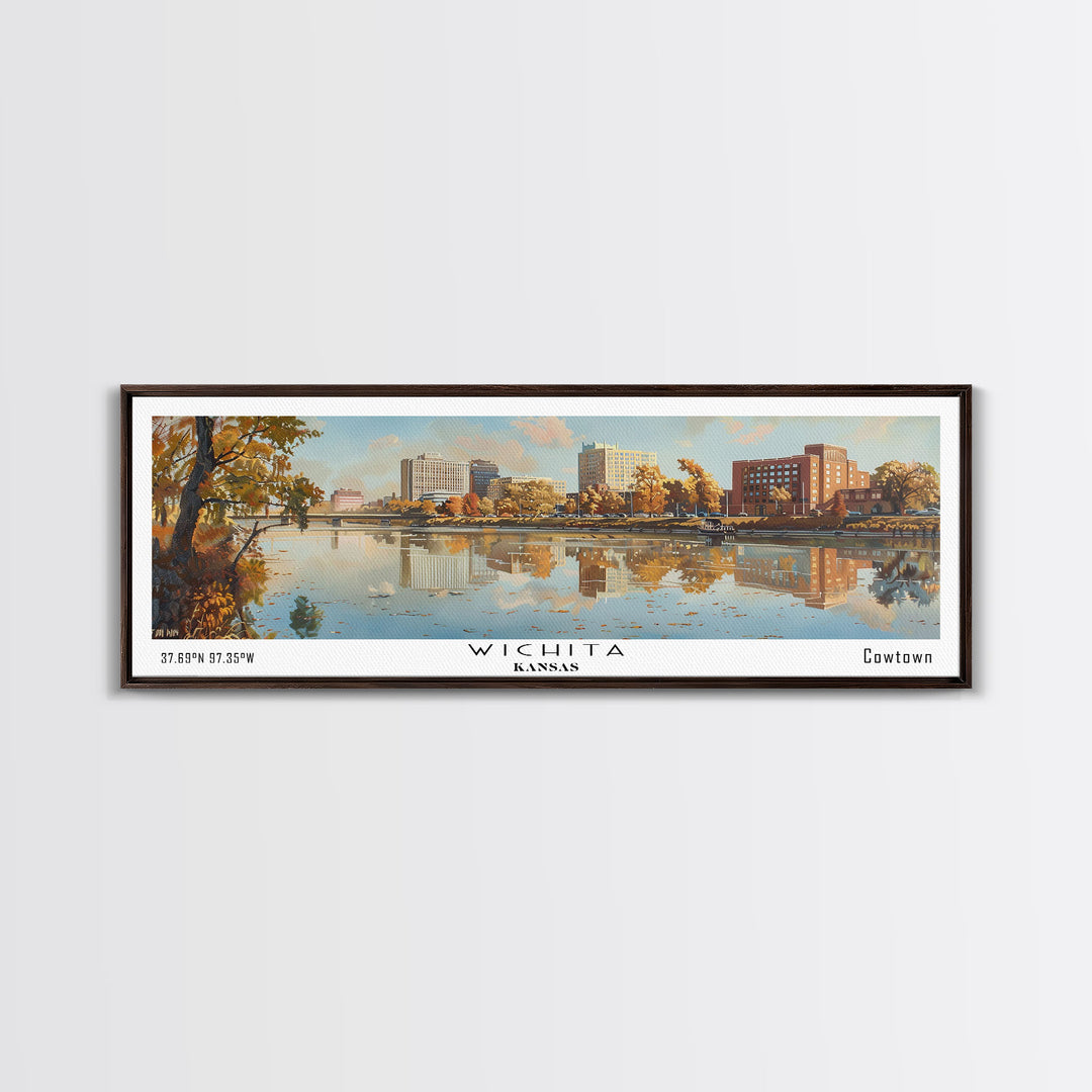 Wichita Kansas Panoramic Painting, Framed Canvas Print, Vintage Travel Poster, Artistic Home Decor, Unique Office Wall Art