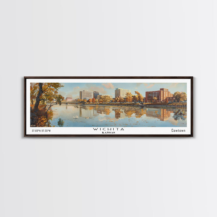 Wichita Kansas Panoramic Painting, Framed Canvas Print, Vintage Travel Poster, Artistic Home Decor, Unique Office Wall Art