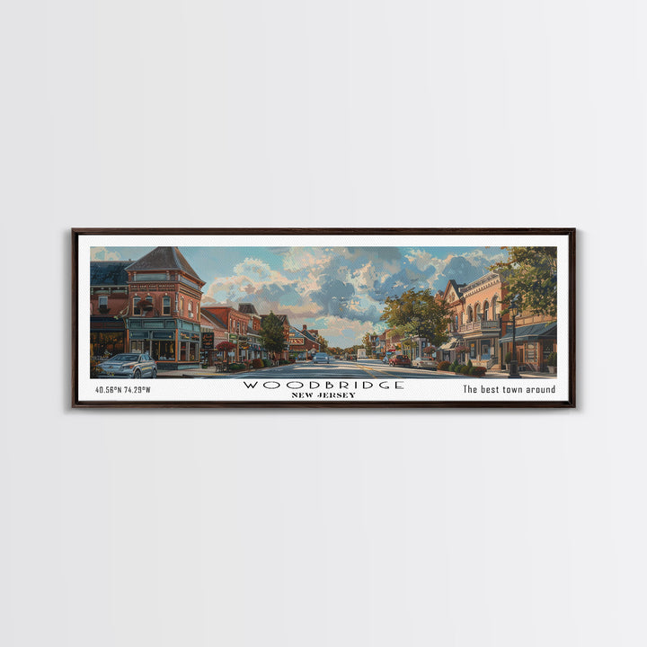 Woodbridge New Jersey Panoramic Framed Canvas Print, Artistic Travel Poster, Retro Wall Art, Unique Office Decor, Living Room Gift, Original Artwork