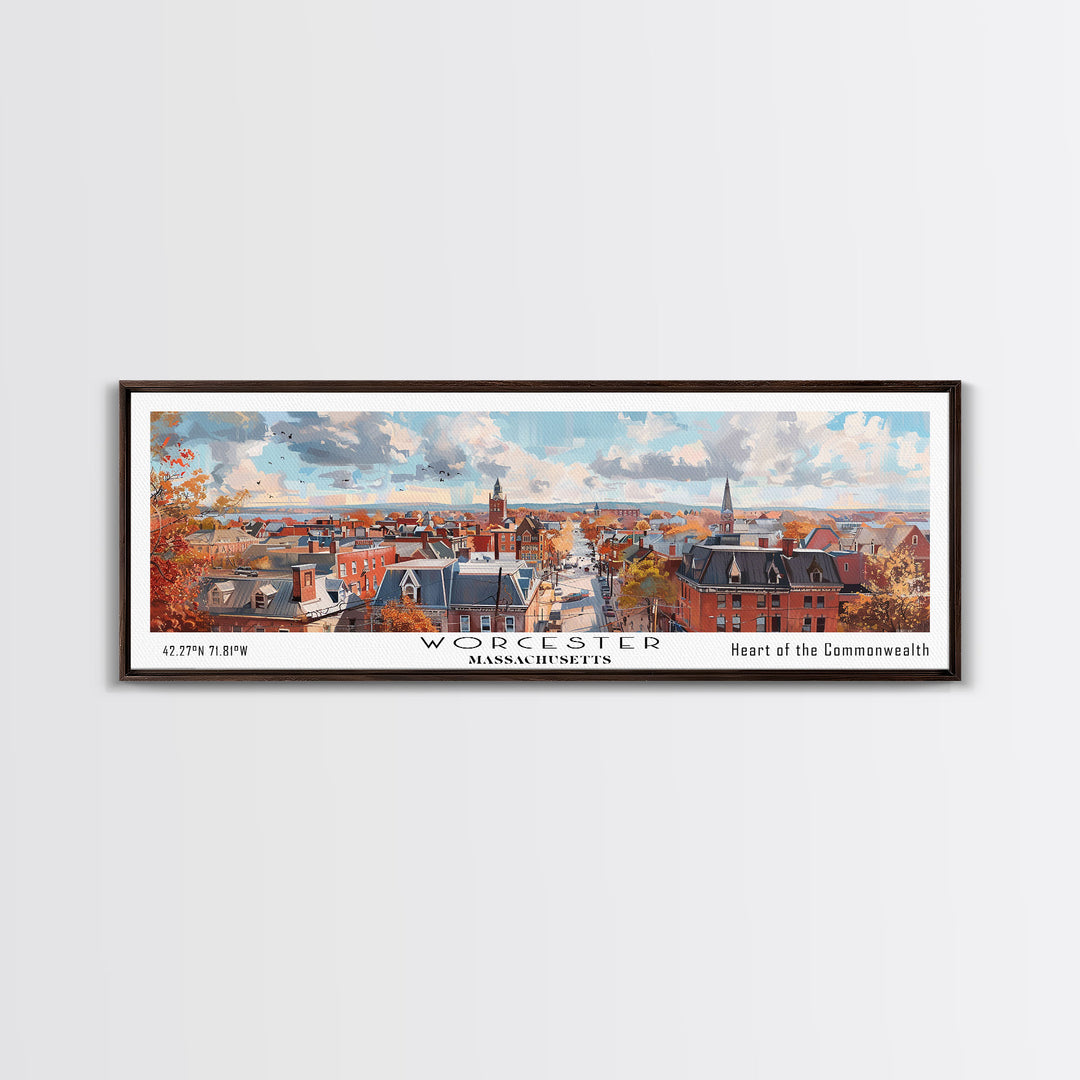 Worcester Massachusetts Panoramic Framed Canvas Print, Vintage Travel Poster, Artistic Wall Art, Unique Living Room Decor, Office Gift, Home Decoration