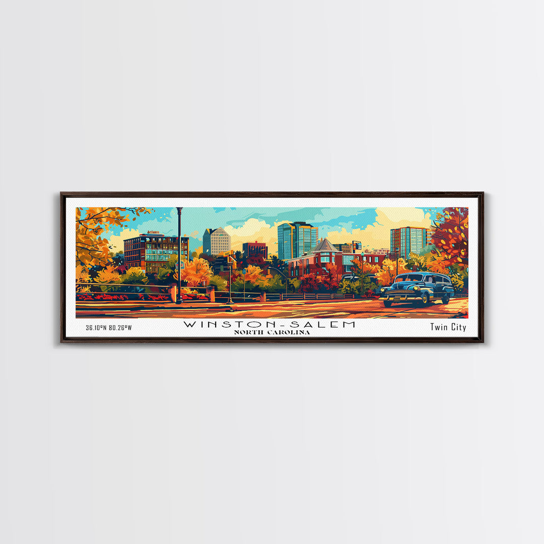 Winston-Salem North Carolina Panoramic Wall Art, Retro Pop Art Framed Canvas Print, Mid Century Modern Travel Poster, Wall Hanging