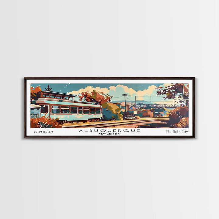 Albuquerque New Mexico Panoramic Painting, Mid Century Modern Framed Canvas Print, Retro Pop Art Travel Poster, Wall Decor, Office Art