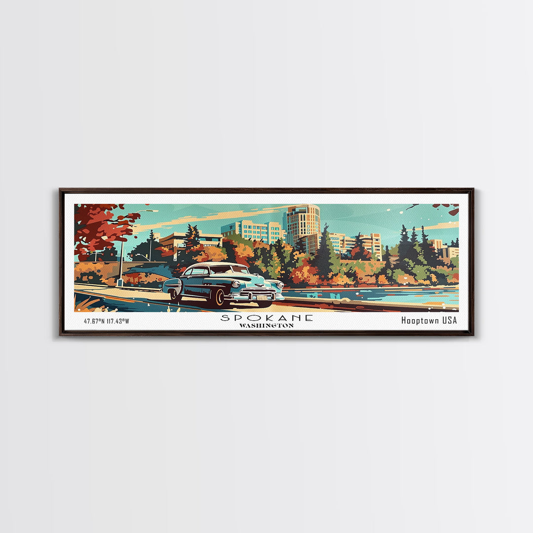 Spokane Washington Panoramic Wall Art, Mid Century Modern Framed Canvas Print, Retro Pop Art Travel Poster, Living Room and Office Decor