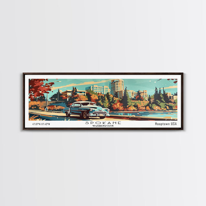 Spokane Washington Panoramic Wall Art, Mid Century Modern Framed Canvas Print, Retro Pop Art Travel Poster, Living Room and Office Decor