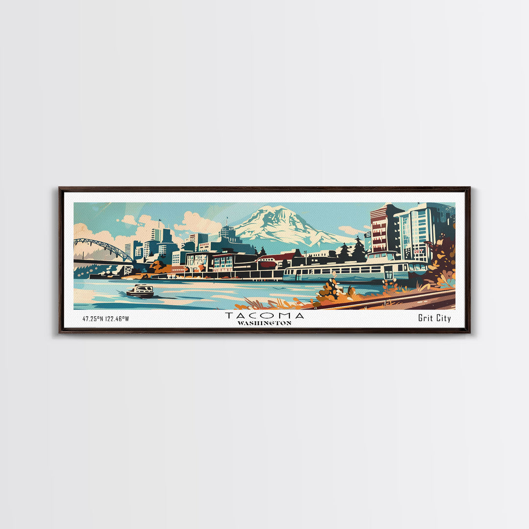 Tacoma Washington Panoramic Painting, Mid Century Modern Framed Canvas Print, Retro Pop Art Travel Poster, Living Room Wall Art Decor