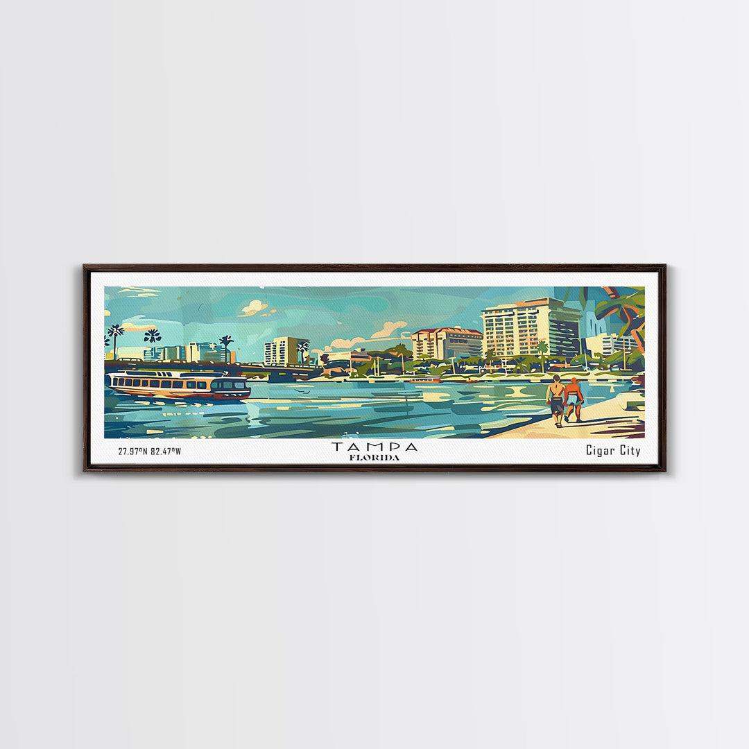 Tampa Florida Panoramic Painting, Mid Century Modern Framed Canvas Print, Retro Pop Art Travel Poster, Living Room and Office Decor