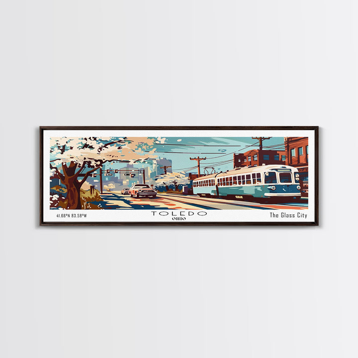 Toledo Ohio Panoramic Wall Art, Mid Century Modern Framed Canvas Print, Retro Pop Art Travel Poster, Living Room and Office Wall Art Decor