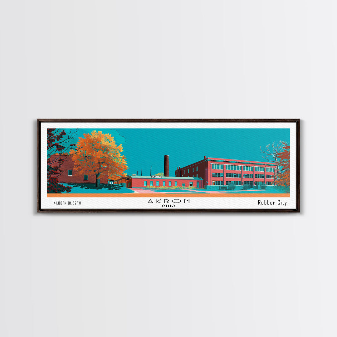 Akron Ohio Panoramic Painting, Mid Century Modern Framed Canvas Print, Retro Pop Art Travel Poster, Living Room Wall Art Decor, City Art