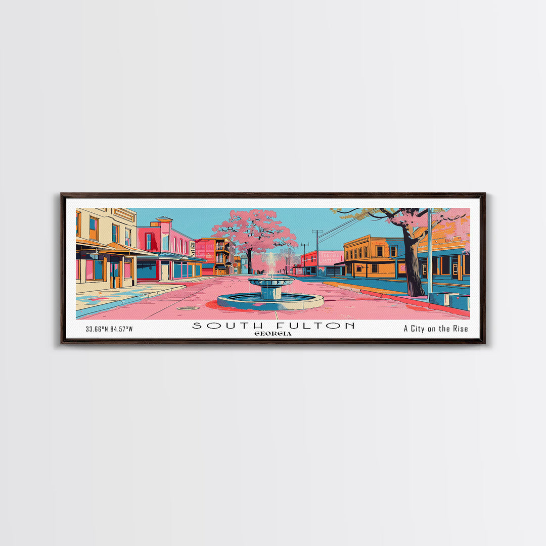 South Fulton Georgia Panoramic Painting, Mid Century Modern Framed Canvas Print, Retro Pop Art Travel Poster, Home and Office Wall Art Decor