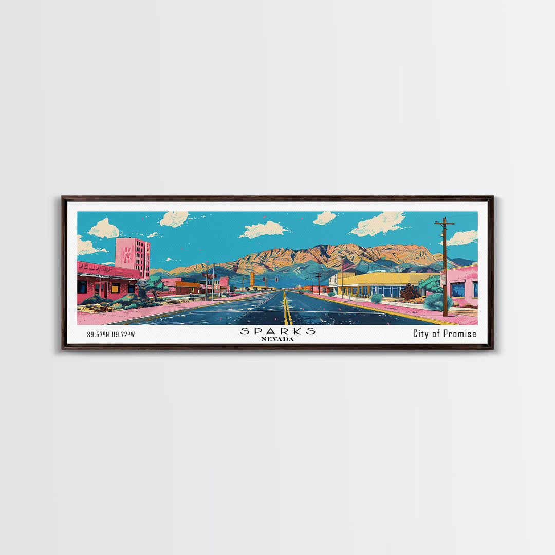 Sparks Nevada Panoramic Wall Art, Mid Century Modern Framed Canvas Print, Retro Pop Art Travel Poster, Living Room and Office Decor