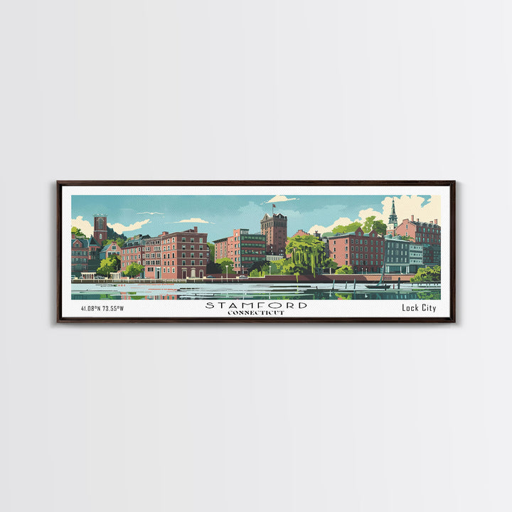 Stamford Connecticut Panoramic Wall Art, Mid Century Modern Framed Canvas Print, Retro Pop Art Travel Poster, Living Room and Office Decor