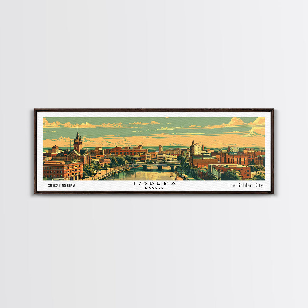 Topeka Kansas Panoramic Painting, Mid Century Modern Framed Canvas Print, Retro Pop Art Travel Poster, Home and Office Wall Art Decor