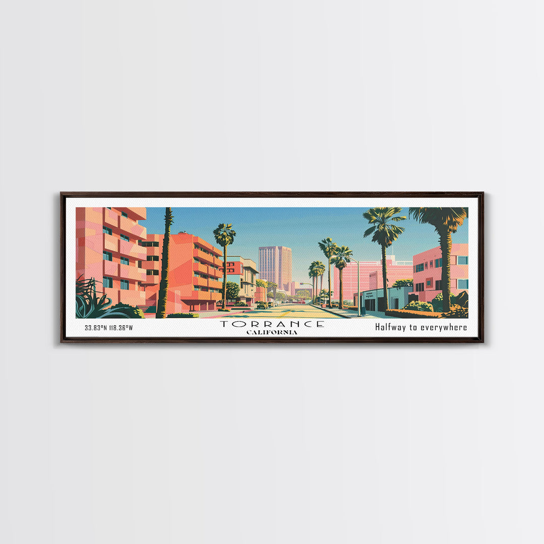 Torrance California Panoramic Wall Art, Mid Century Modern Framed Canvas Print, Retro Pop Art Travel Poster, Living Room and Office Decor