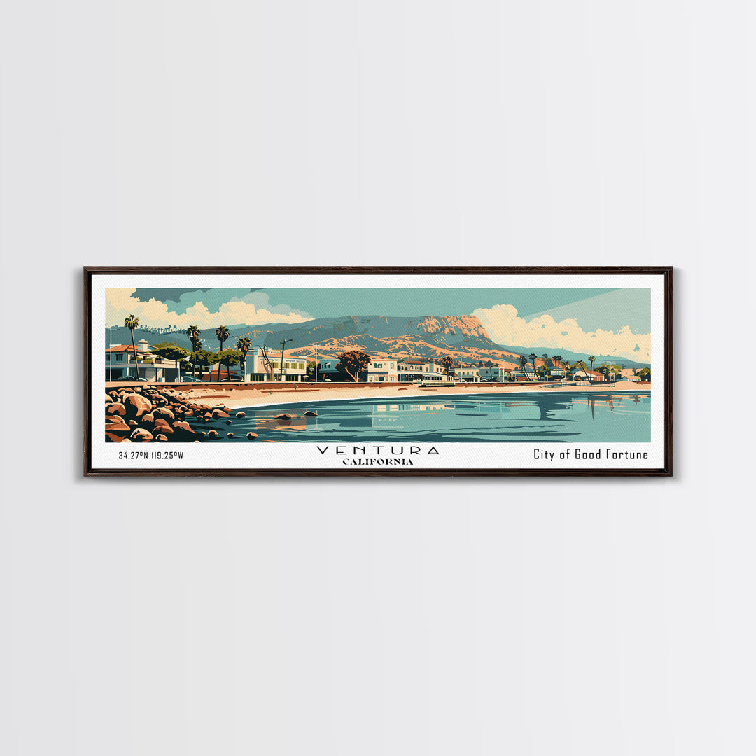 Ventura California Panoramic Wall Art, Mid Century Modern Framed Canvas Print, Retro Pop Art Travel Poster, City Art, Home Decoration