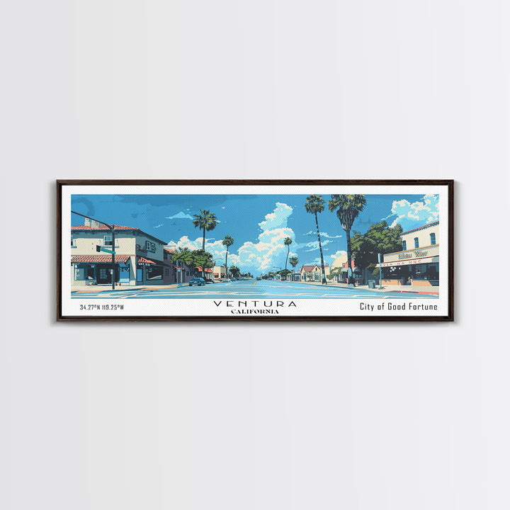 Ventura California Panoramic Painting, Mid Century Modern Framed Canvas Print, Retro Pop Art Travel Poster, City Print, Office Wall Art