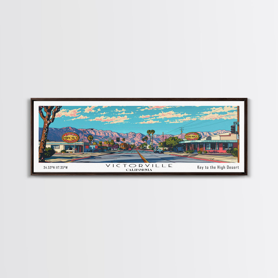 Victorville California Panoramic Wall Art, Mid Century Modern Framed Canvas Print, Retro Pop Art Travel Poster, City Art, Home Decoration