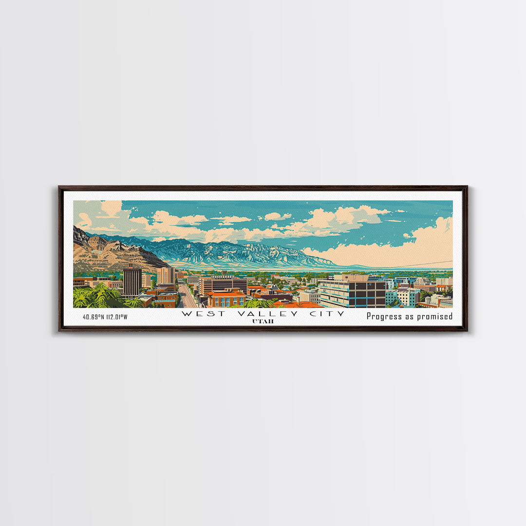 West Valley City Utah Panoramic Painting, Mid Century Modern Framed Canvas Print, Retro Pop Art Travel Poster, Office Wall Art, Home Decoration