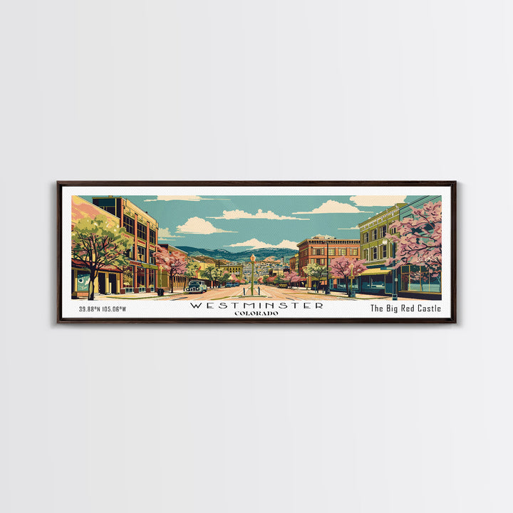 Westminster Colorado Panoramic Painting, Mid Century Modern Framed Canvas Print, Retro Pop Art Travel Poster, Office Wall Art, Home Decoration