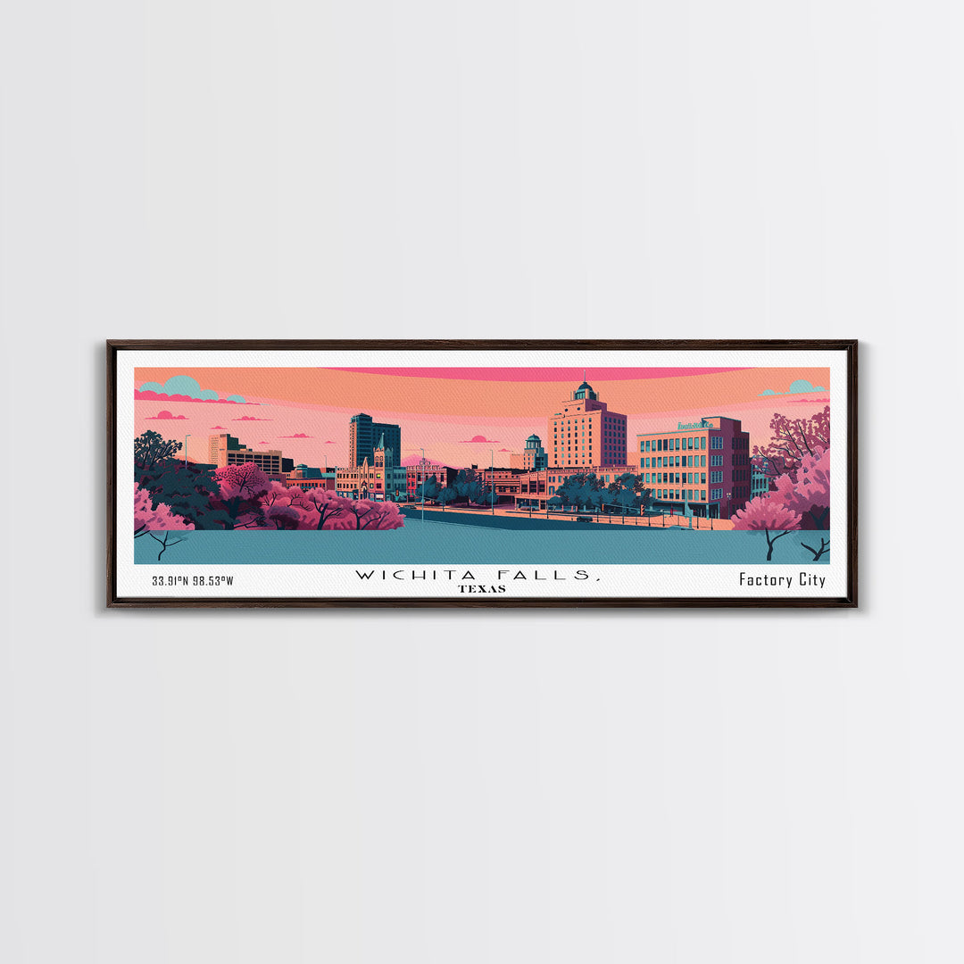 Wichita Falls Texas Panoramic Art, Mid Century Modern Framed Canvas Print, Retro Pop Art Travel Poster, City Print, Living Room Wall Decor