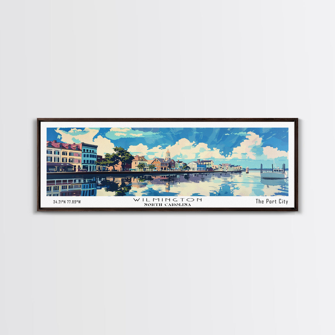 Wilmington North Carolina Panoramic Wall Art, Mid Century Modern Framed Canvas Print, Retro Pop Art Travel Poster, City Art, Home Decoration