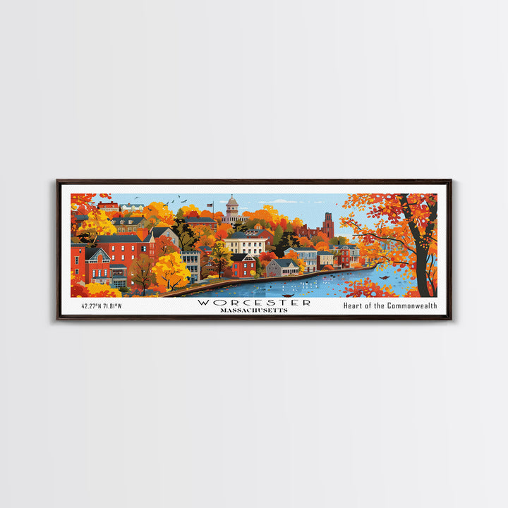 Worcester Massachusetts Panoramic Art, Mid Century Modern Framed Canvas Print, Retro Pop Art Travel Poster, City Print, Living Room Wall Decor