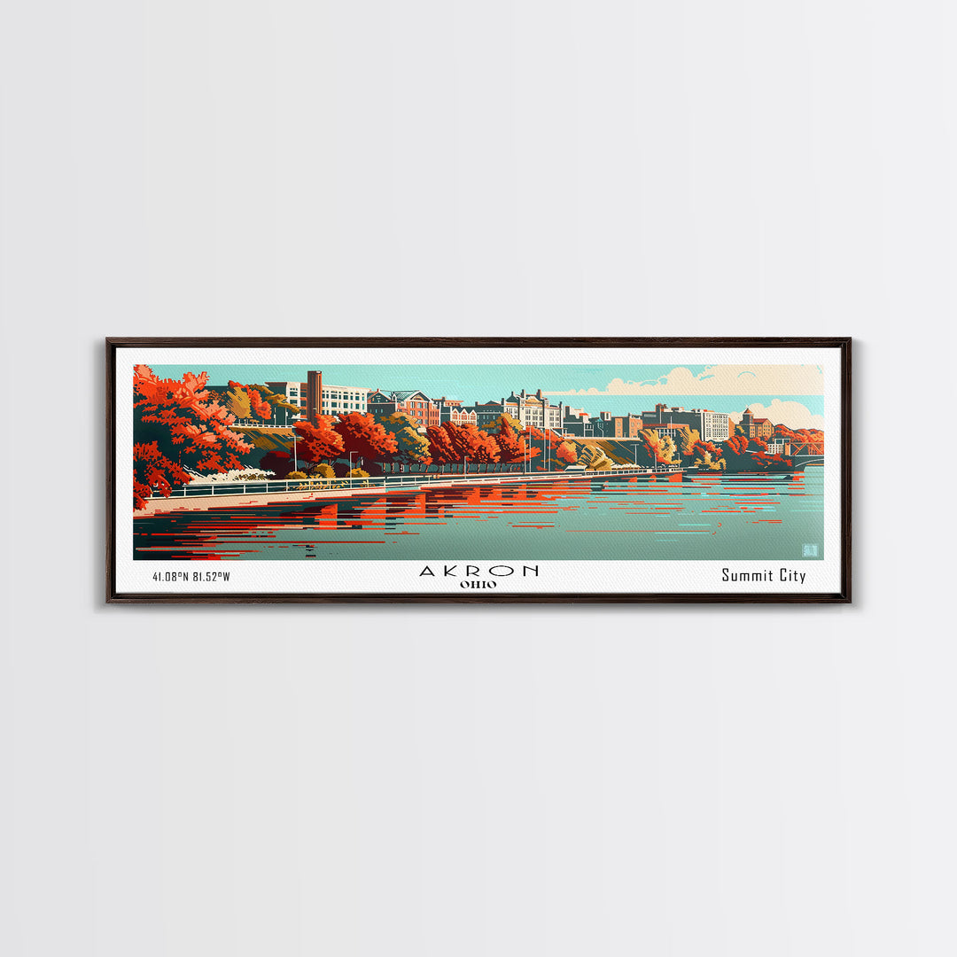 Akron Ohio Panoramic Painting, Framed Canvas Print, Mid Century Modern Wall Art, Retro Pop Art Travel Poster, Living Room Decor, City Art