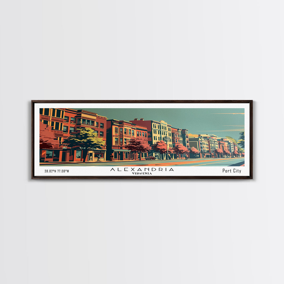 Alexandria Virginia Panoramic Painting, Framed Canvas Print, Mid Century Modern Wall Art, Retro Pop Art Travel Poster, Living Room Decor, City Art