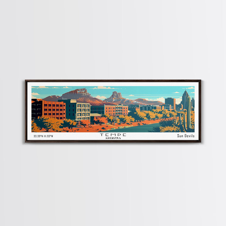 Tempe Arizona Panoramic Painting, Mid Century Modern Framed Canvas Print, Retro Pop Art Travel Poster, Cityscape, Home Decor, Office Wall Art