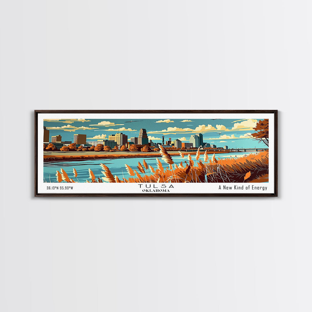 Tulsa Oklahoma Panoramic Wall Art, Mid Century Modern Framed Canvas Print, Retro Pop Art Travel Poster, Cityscape Decor, Office Wall Art